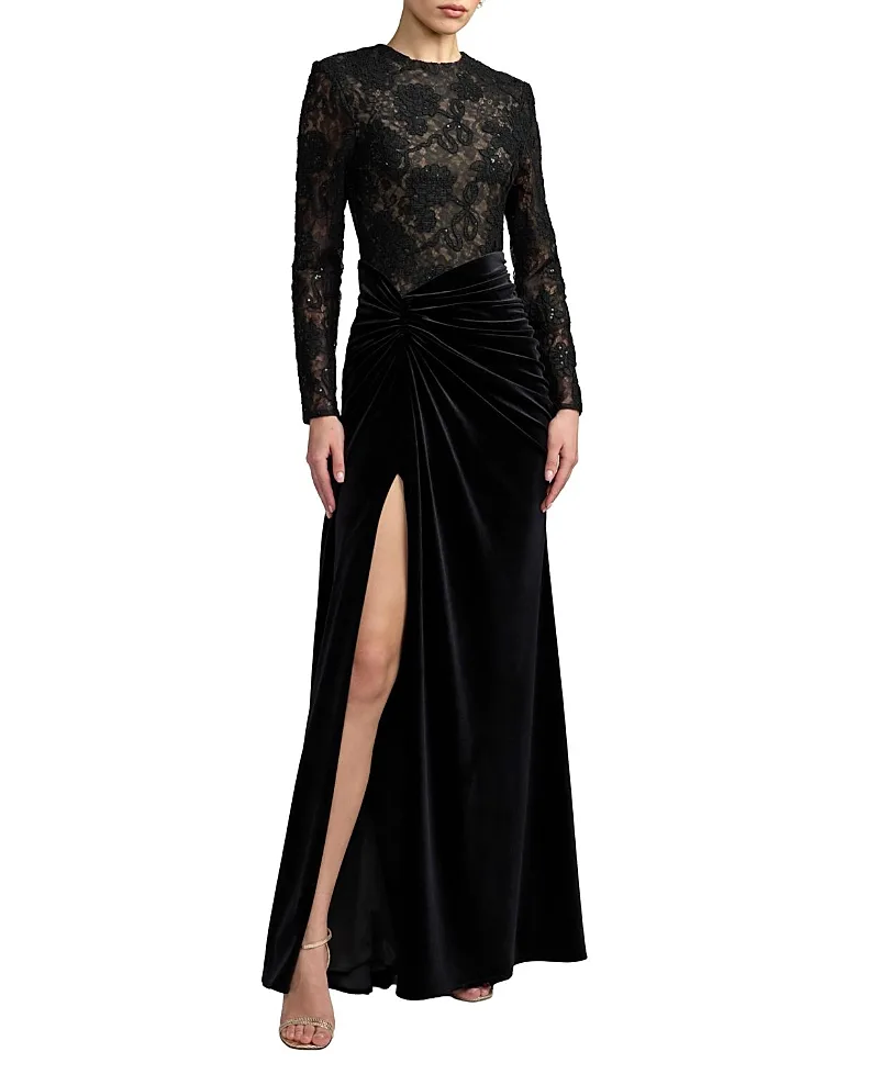 Mac Duggal Lace Long Sleeve Ruched Velvet Gown by M.A.C.