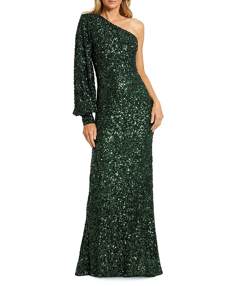 Mac Duggal Sequined One Shoulder Bishop Sleeve Trumpet Gown