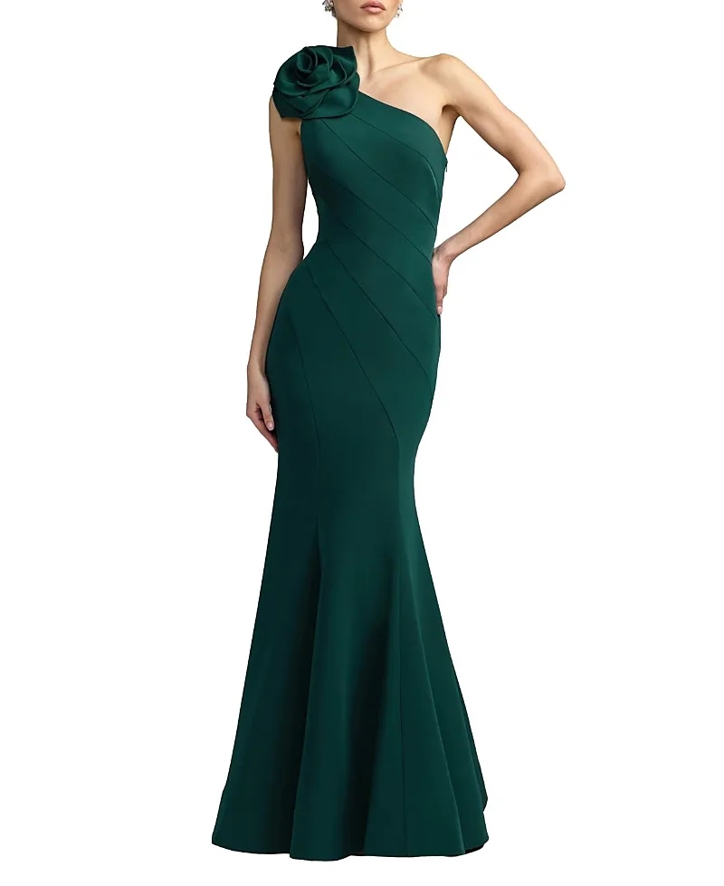 Mac Duggal Crepe One Shoulder Mermaid Gown with 3D Flower by M.A.C.