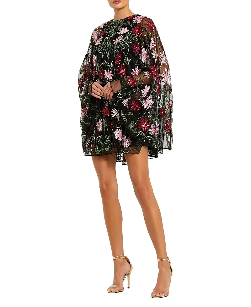 Mac Duggal Floral Beaded Mesh Shawl Mini Dress by M.A.C.