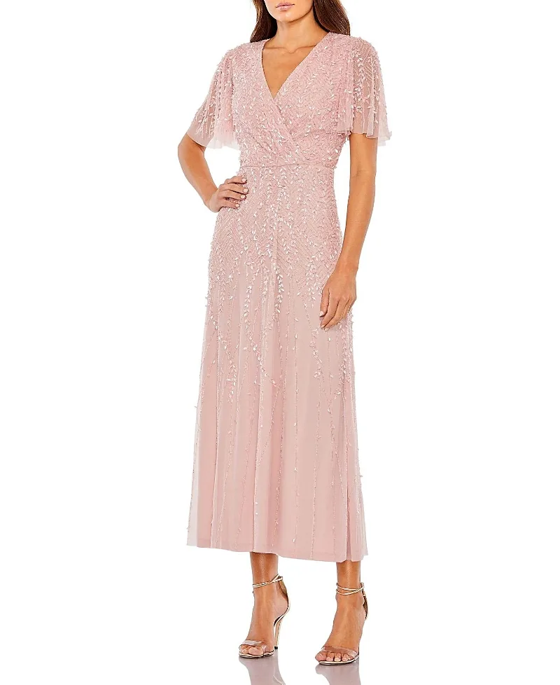 Mac Duggal Beaded Wrap Over Butterfly Sleeve Column Dress by M.A.C.