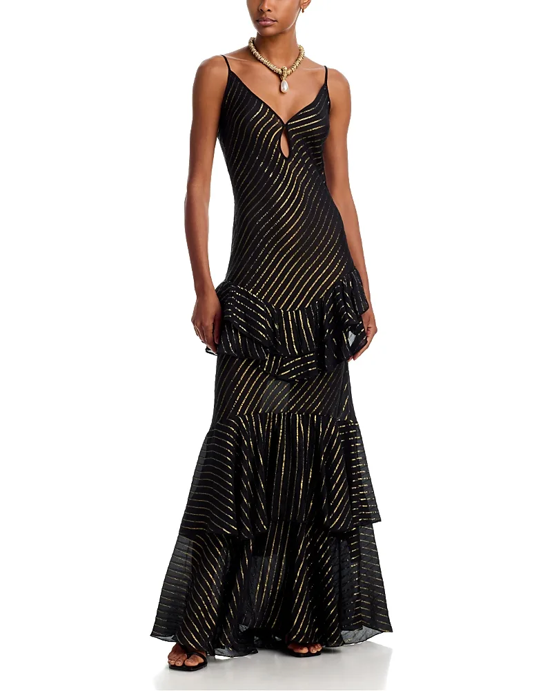 Silk Blend Metallic Striped Ruffled Maxi Dress by Johanna Ortiz