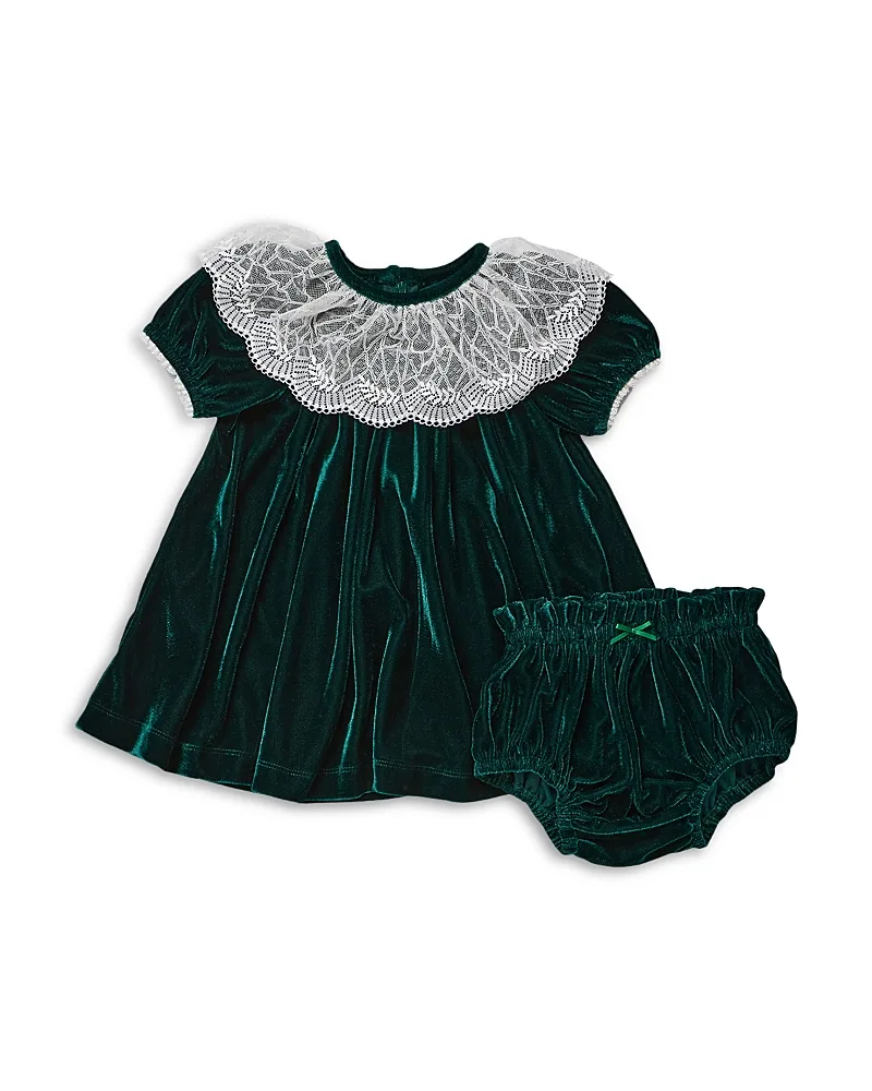 Caroline Evergreen Velour & Lace Trim Dress & Bloomers Set by Pink Chicken