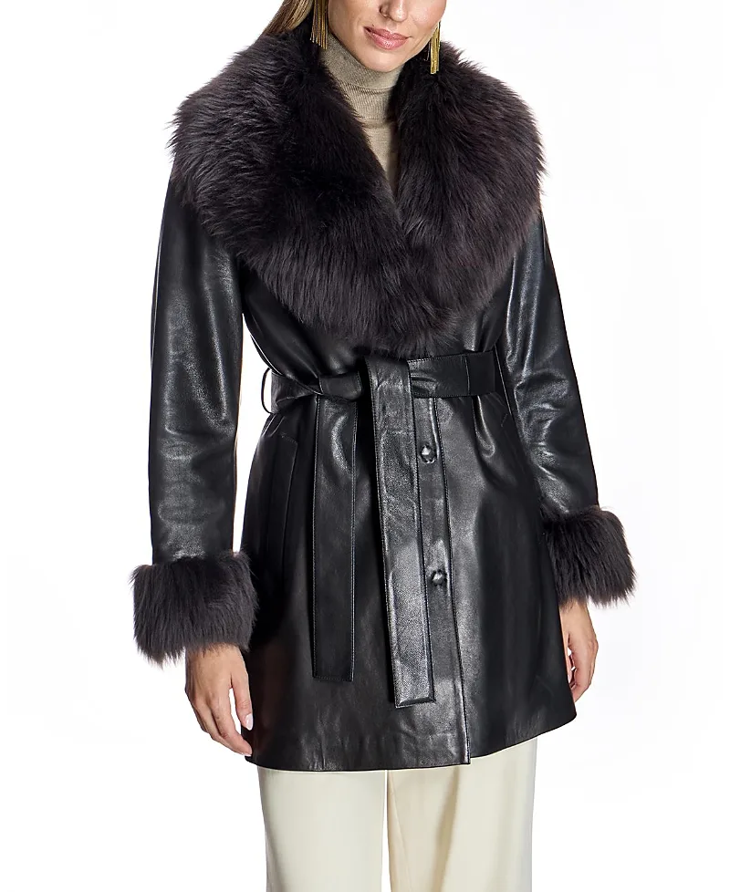 Belted Leather Coat with Shearling Collar by Maximilian