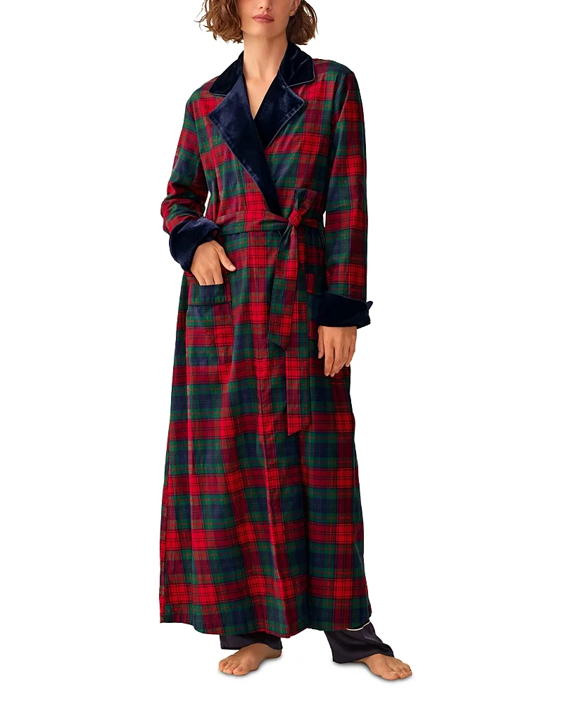 Cotton Plaid Velvet Trim Wrap Robe by Petite Plume