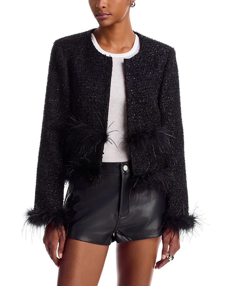 Sequinned Tweed Feather Trim Jacket by AQUA