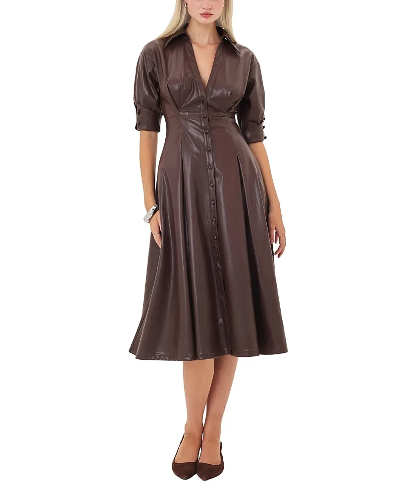 Vilda Faux Leather Pleated Midi Dress by Miss Circle