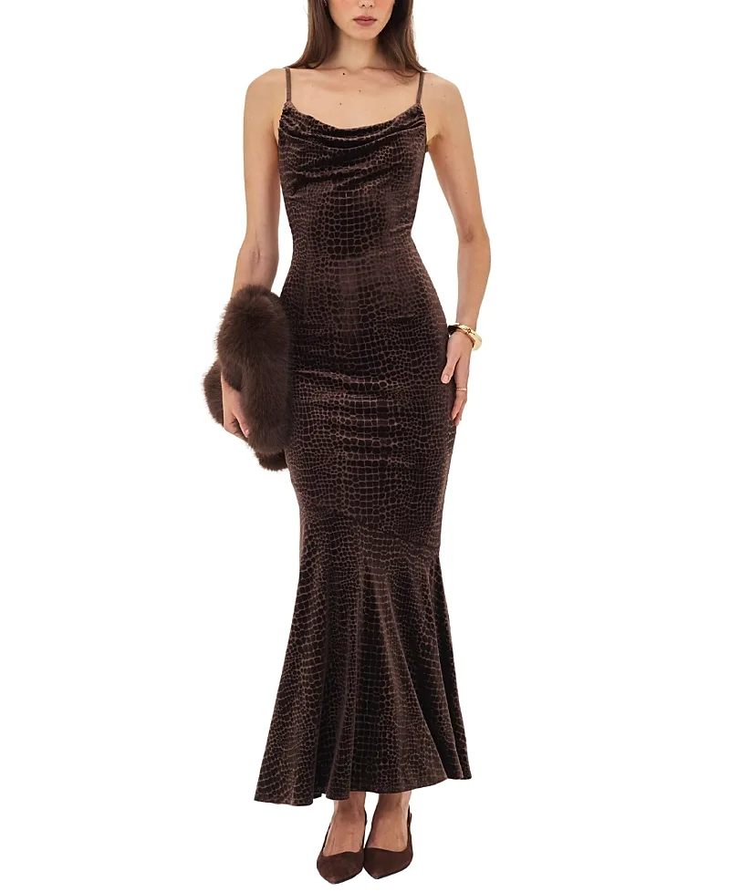 Veronique Croc-Embossed Velvet Cowl Neck Mermaid Maxi Dress by Miss Circle