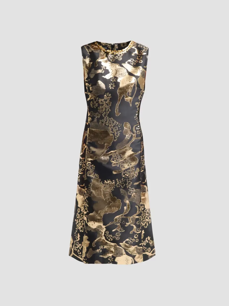 Embellished Metallic-Jacquard A-Line Midi Dress by Ming Wang