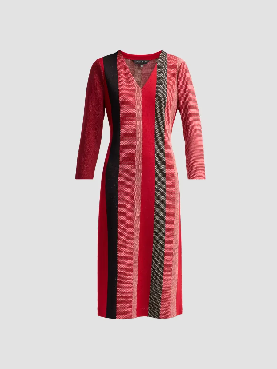 Striped Metallic Knit V-Neck Midi Dress by Ming Wang
