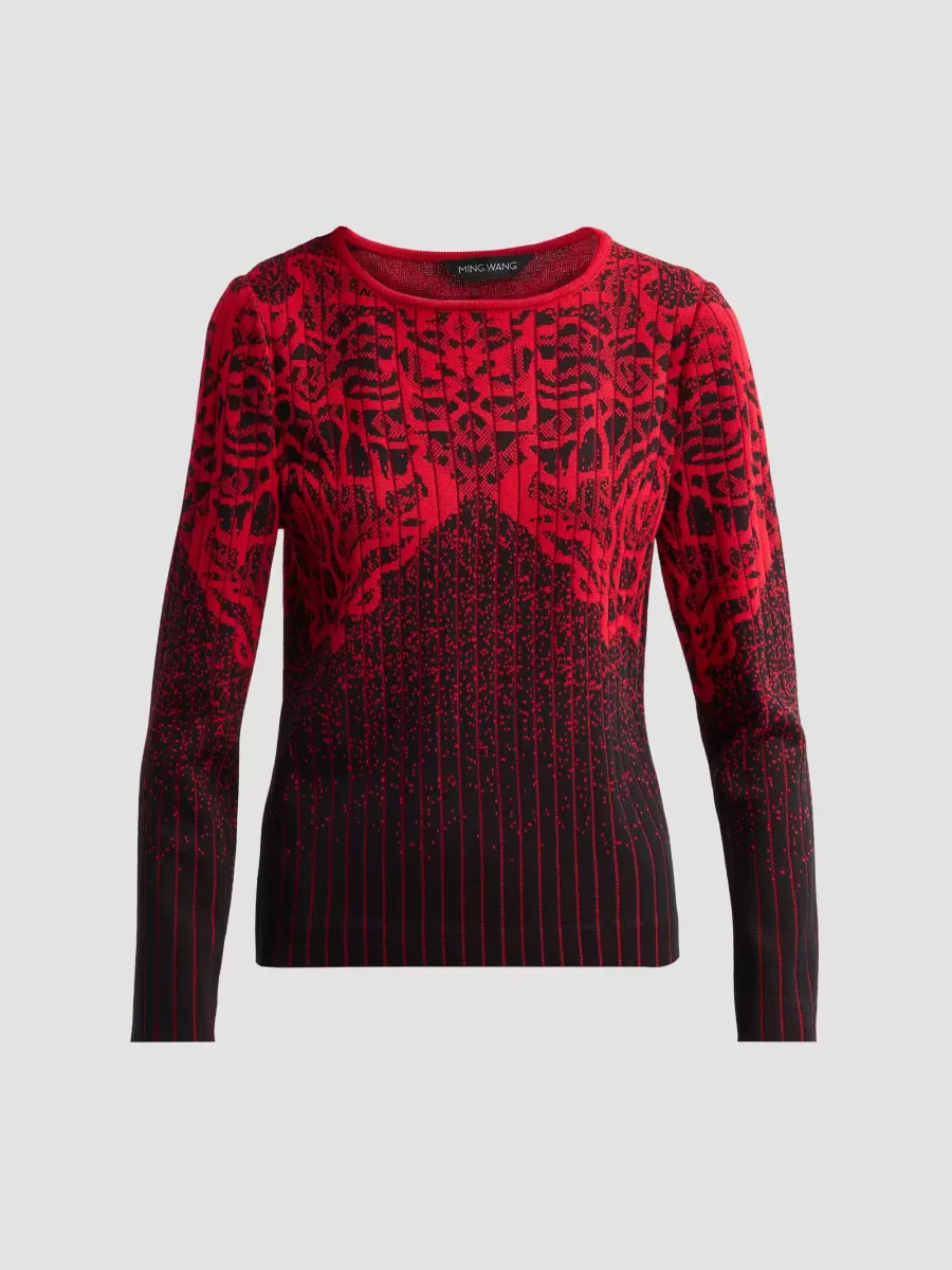 Jacquard Rib-Knit Jewel-Neck Sweater by Ming Wang