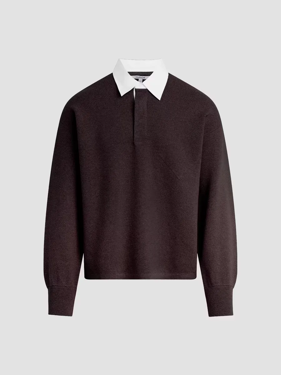 Contrast Cotton-Cashmere Long-Sleeve Polo Shirt by Hudson Jeans