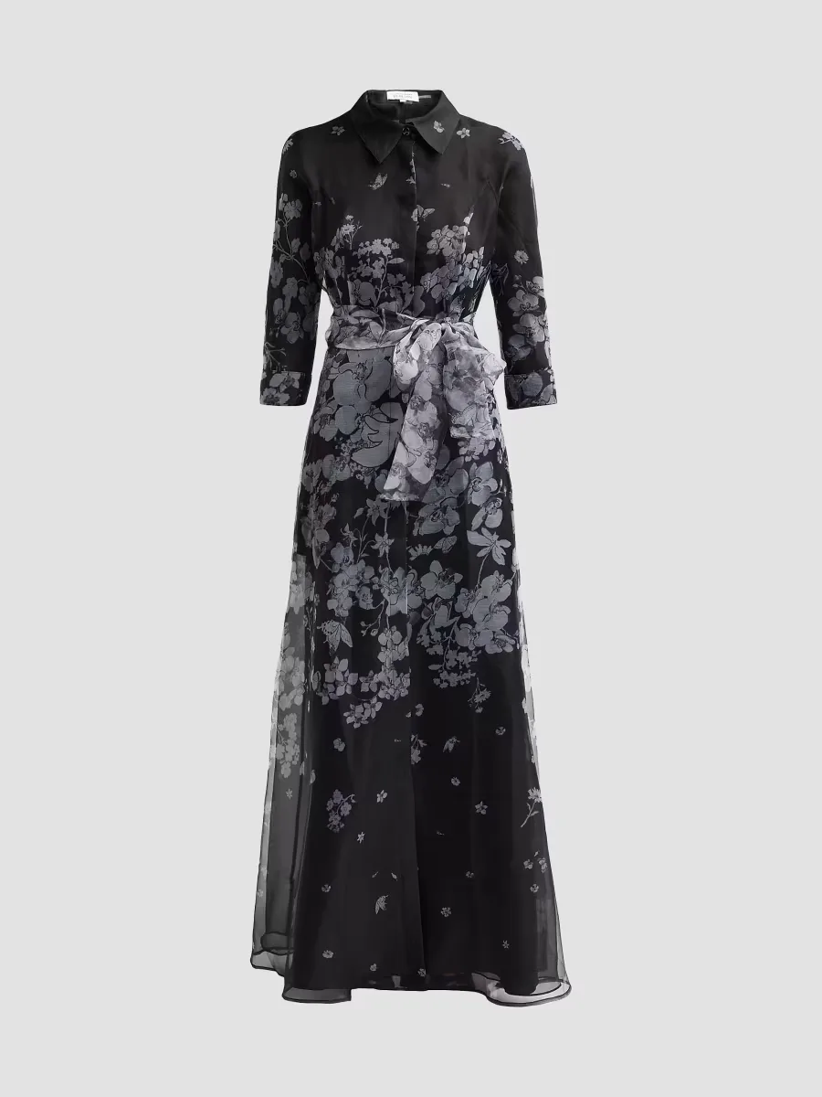 Teri Jon by Rickie Freeman Floral Organza Tie-Waist Shirt Gown