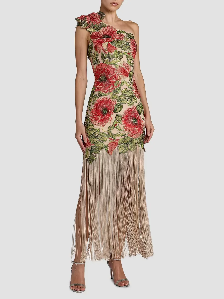 Mac Duggal Floral Appliqu Fringed One-Shoulder Gown by M.A.C.