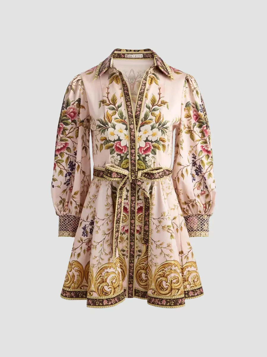 Lucy Floral Tie-Waist Stretch-Cotton Mini Shirtdress