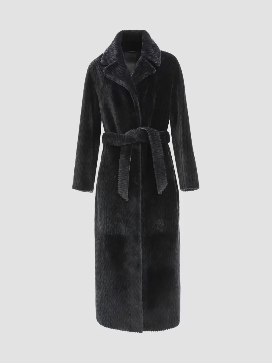 Reversible Chevron Printed Grooved Shearling Lamb Coat, Belt by Gorski