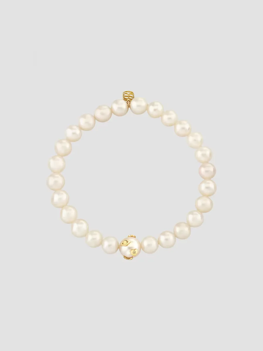 Tuxedo 14K Yellow Gold, Freshwater Pearl & 0.01 TCW Diamond Beaded Stretch Bracelet
