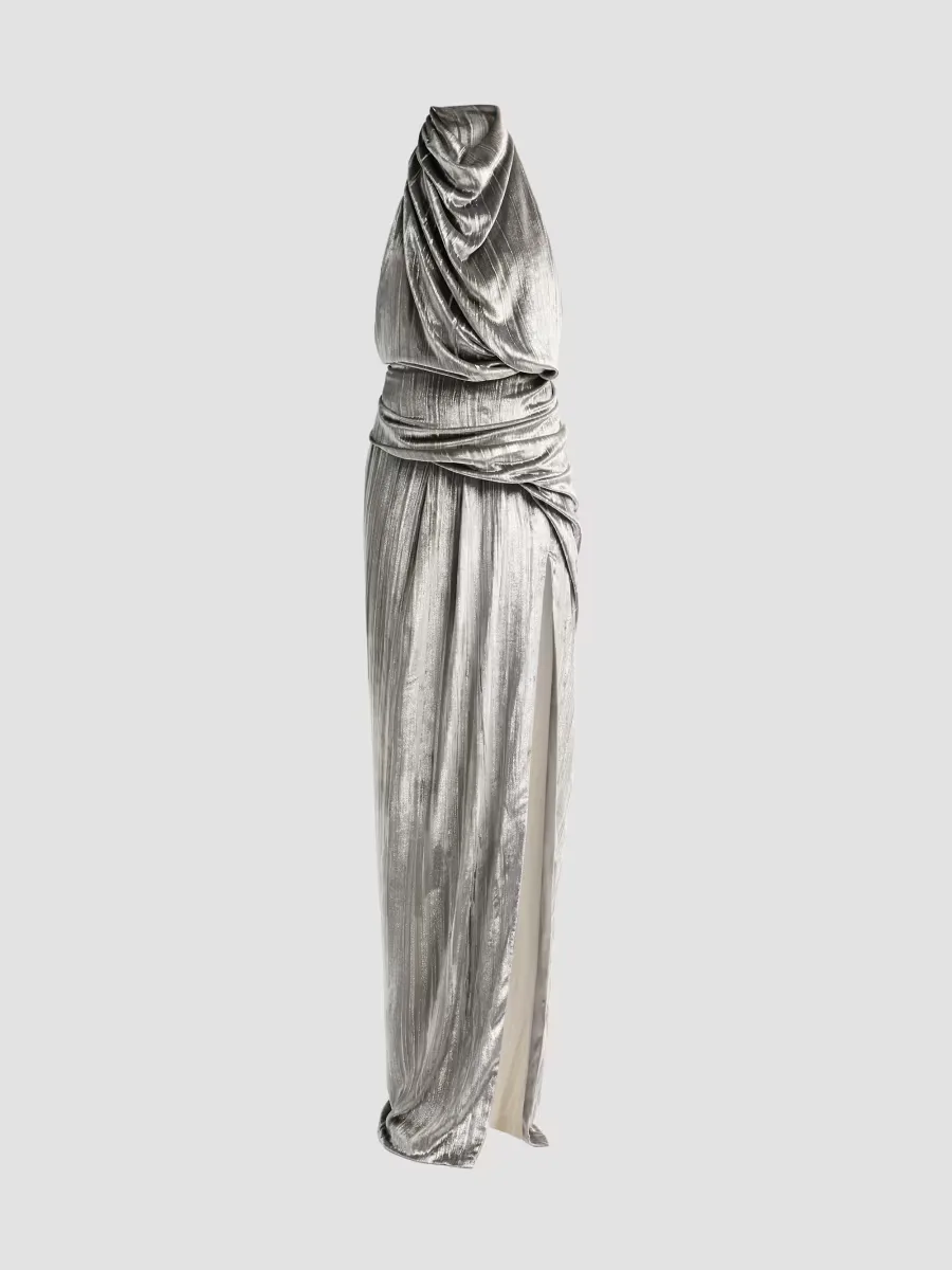 Atelier Prabal Gurung Draped Crushed Velvet Halter Gown