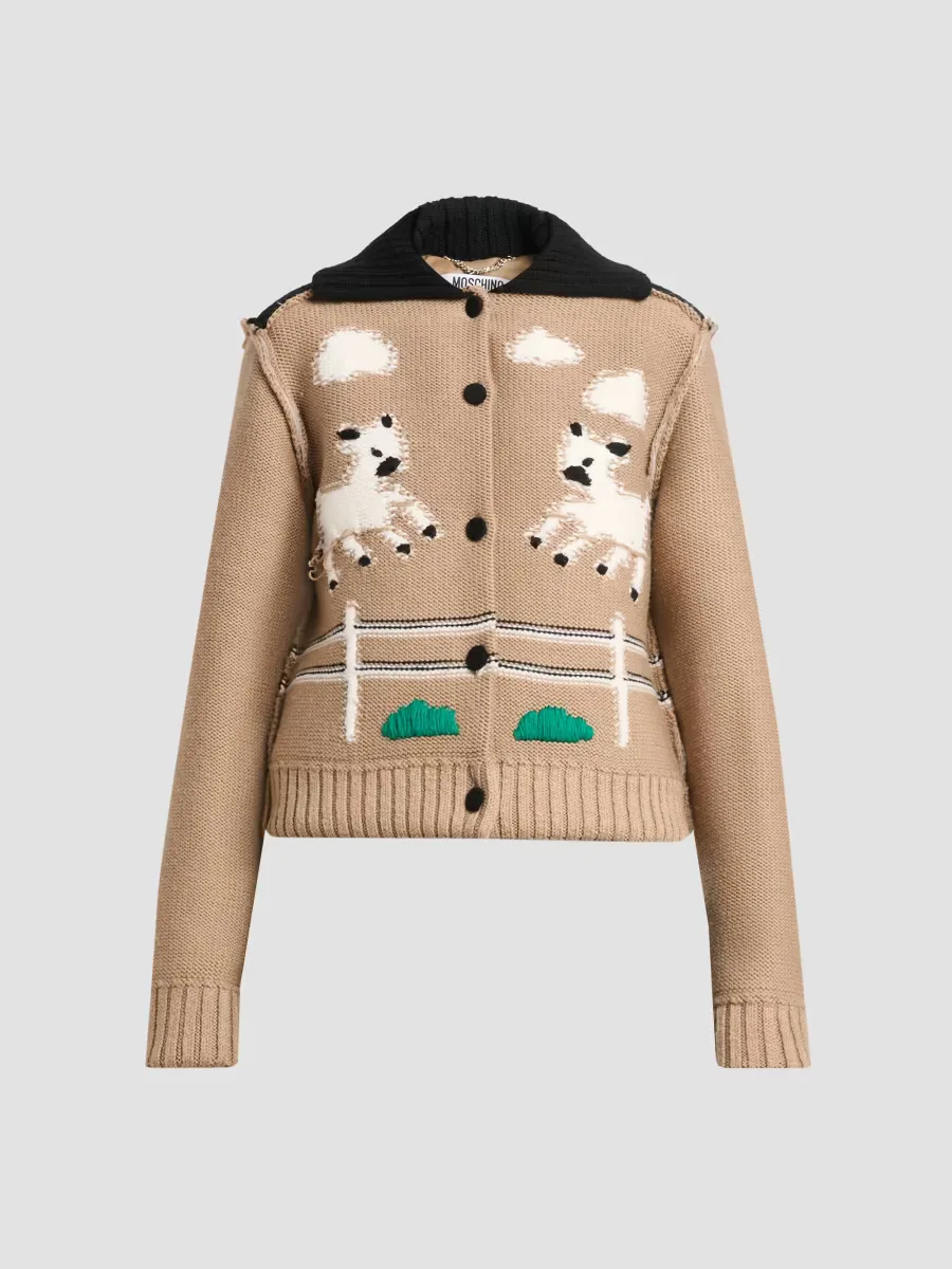 Sheep Jacquard Wool Cardigan by Moschino