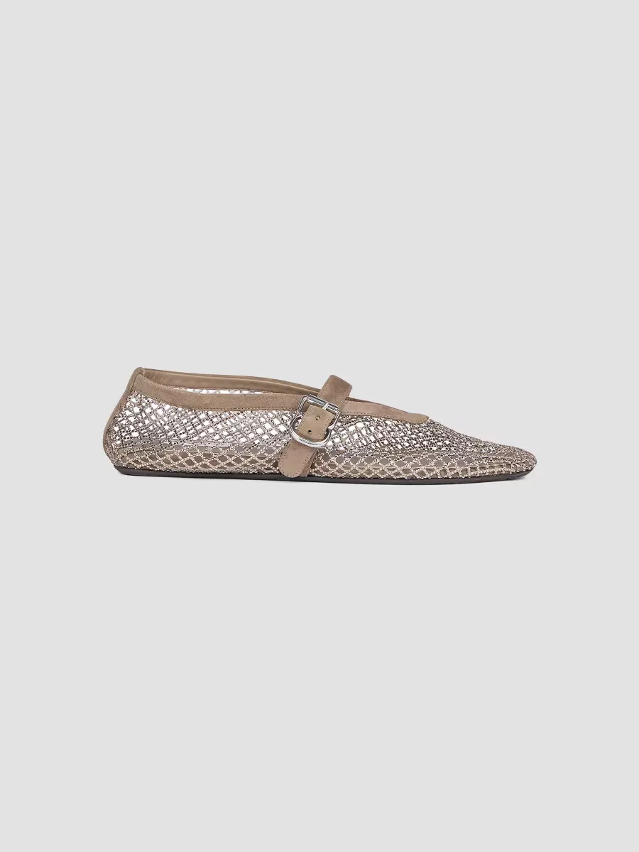 Rhinestone-Mesh Buckle-Strap Ballet Flats