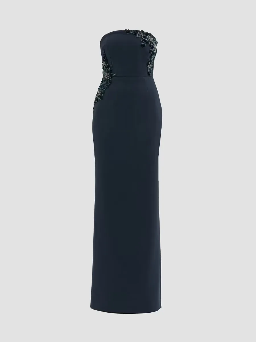 Fresa Embellished-Trim Crepe Column Gown