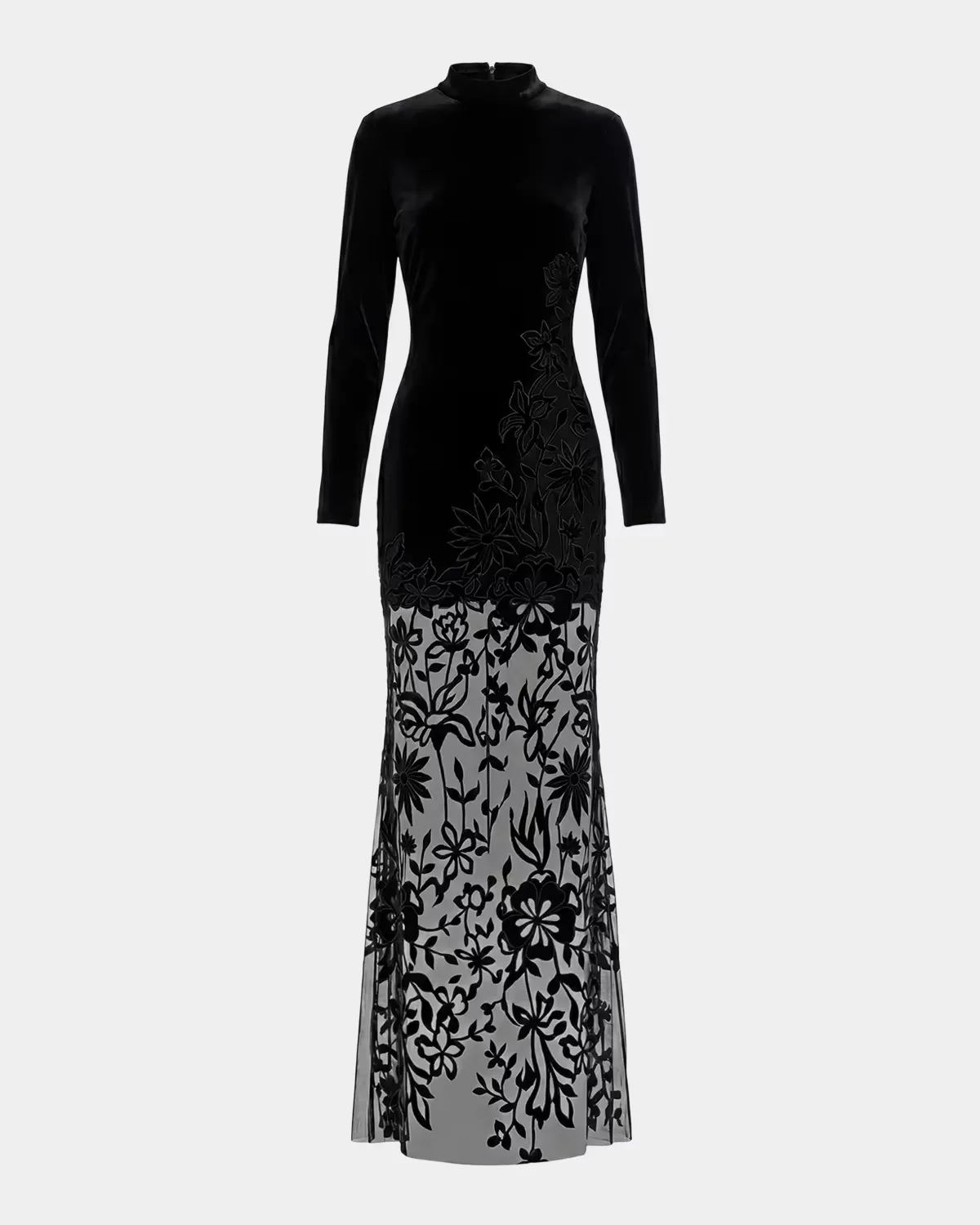 Floral Mixed-Media Long-Sleeve Gown by M.A.C.
