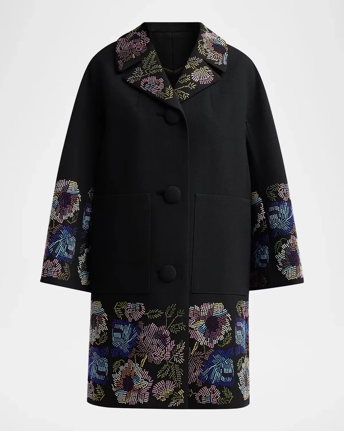 Mosaic Floral Embellished Wool Patch-Pocket Coat by Libertine