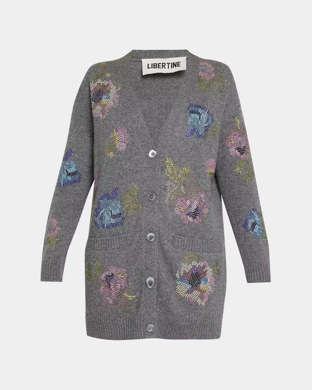 Mosaic Floral Embellished Cashmere V-Neck Cardigan by Libertine