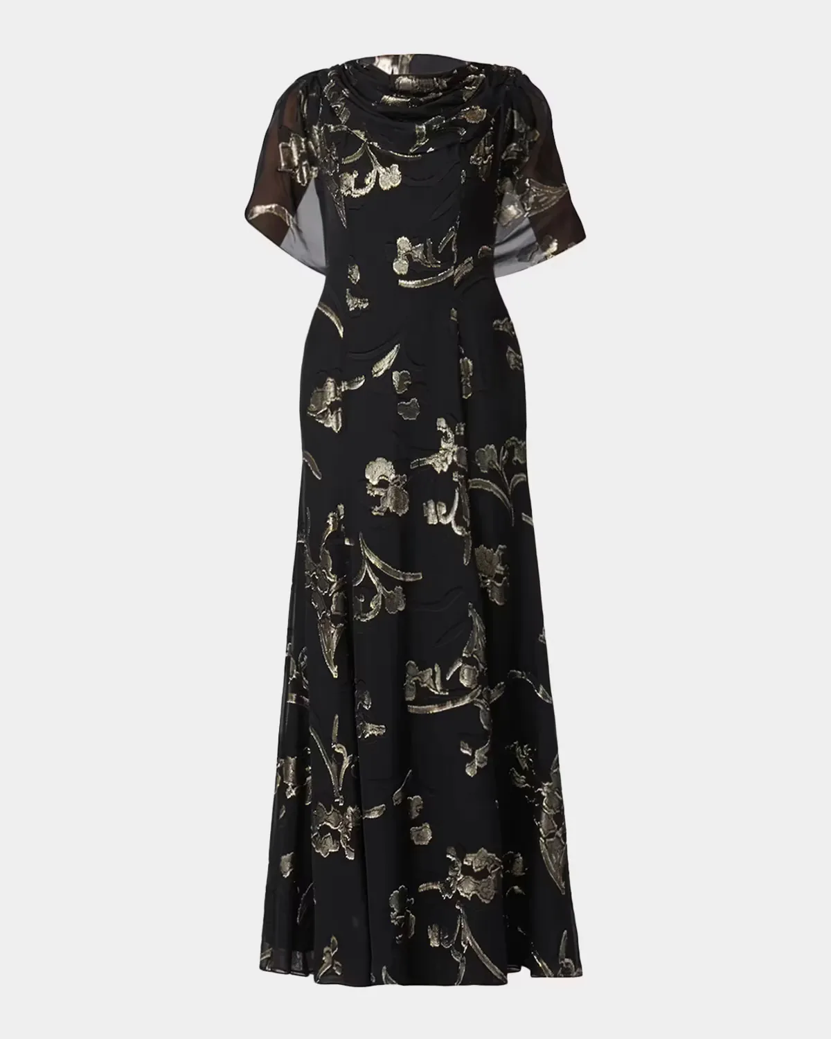 Annalynn Metallic Floral Chiffon Cape Gown by Shoshanna
