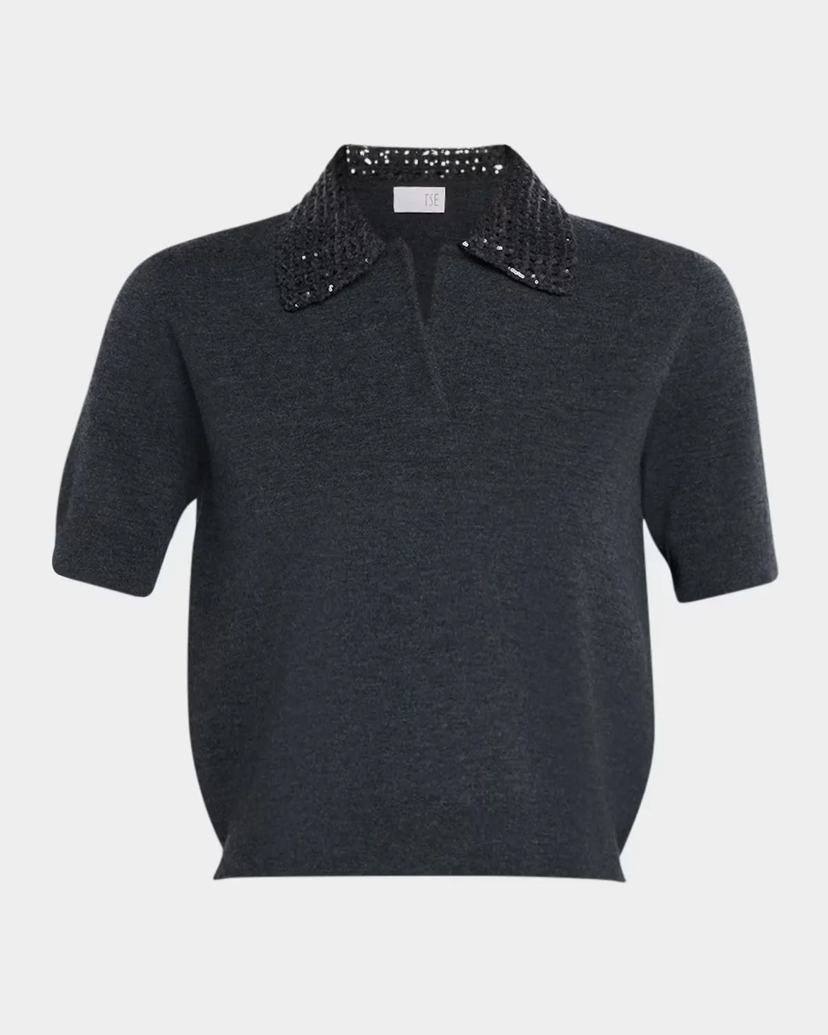Sequin-Collar Polo Sweater by TSE
