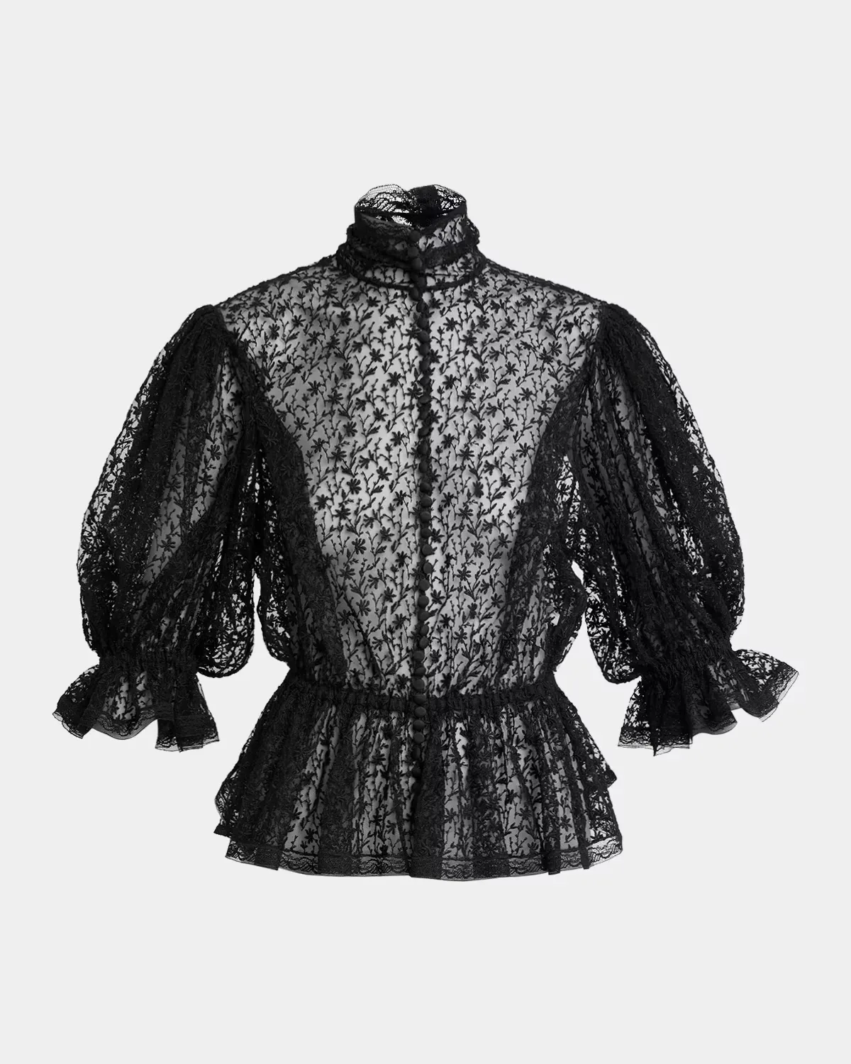 Floral Embroidered Tulle Puff-Sleeve Ruffle Peplum Blouse by Dolce & Gabbana