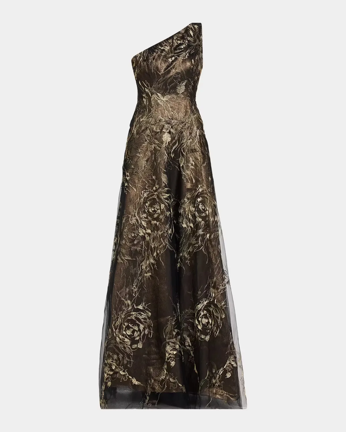 Metallic Floral Tulle One-Shoulder Gown by Rene Ruiz Collection