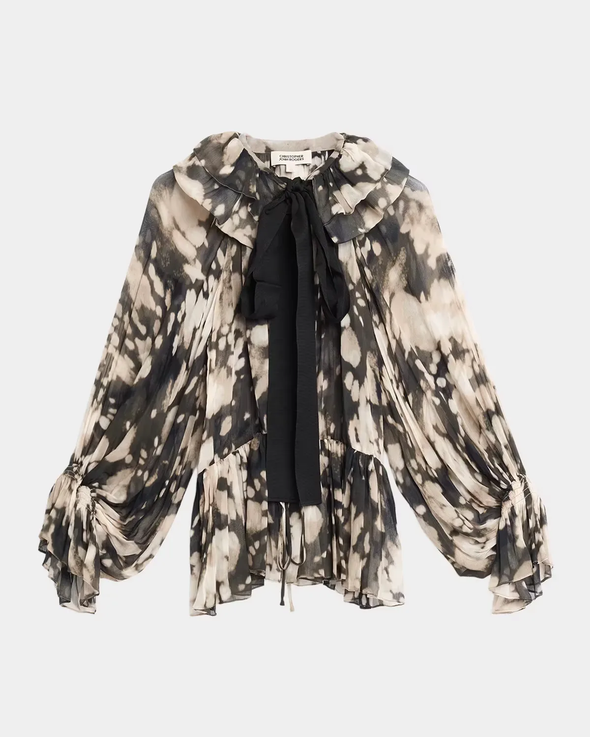 Ocelot Print Crinkle Chiffon Ruffled Bow-Neck Blouse by CHRISTOPHER JOHN ROGERS