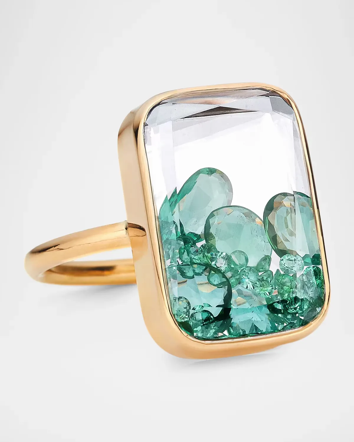 18K Yellow Gold Ring with Emeralds Enclosed in White Sapphire Kaleidoscope Shaker by Moritz Glik