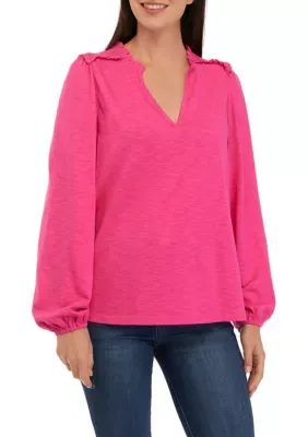 Long Sleeve Smocked Split Neck T-Shirt by Crown & Ivy