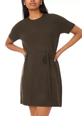 Crew Neck Belted Sweater Dress