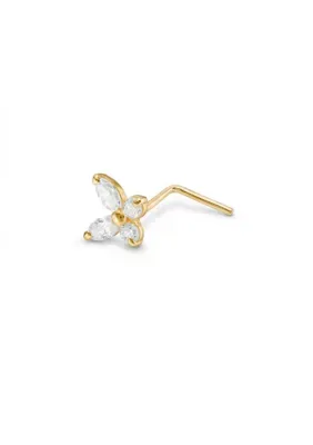 14K Solid Gold 24G Butterfly Cz L Shape Nose Stud by Zahav Jewelry