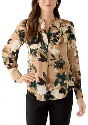 Long Sleeve V-Neck Pleat Front Satin Blouse by Anne Klein