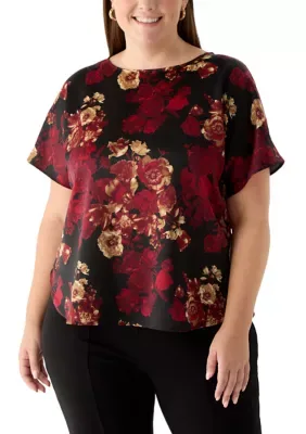 Short Sleeve Floral Heavy Satin Blouse