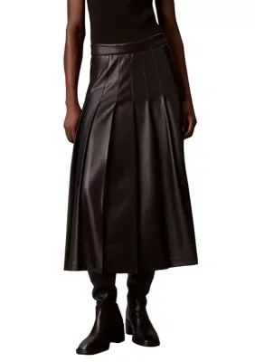 Vegan Leather Pleated Midi Skirt by Calvin Klein