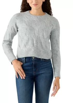 Long Sleeve Jewel Neck Cable Wave Sweater by Vince Camuto