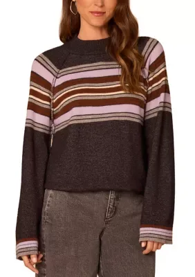 Long Sleeve Mock Neck Bubble Hem Striped Sweater by Democracy