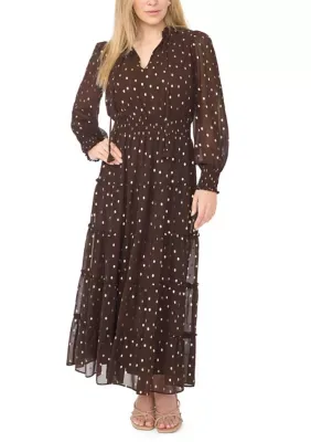 Polka Dot Tie Neck Tiered Chiffon Maxi Dress by Msk