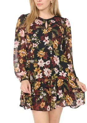 Floral Babydoll Dress with Leather Trim