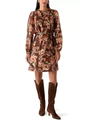 Long Blouson Sleeve Printed Chiffon Mini Dress with Belted Waist by Msk