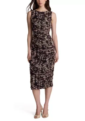 Sleeveless Ruched Printed Mesh Dress by Kenneth Cole