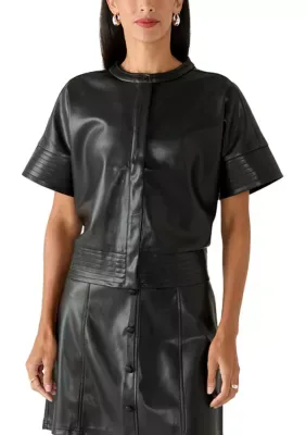 Faux Leather Pleated Short Sleeve Top by Nicole Miller