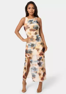 Printed Powermesh Side Shirred Maxi Dress by bebe