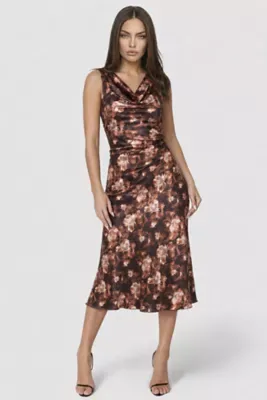 Printed Satin Cowl Maxi Dress