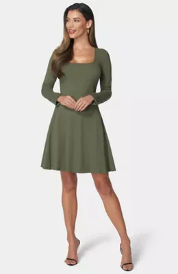 Rib Long Sleeve Godet Dress by bebe